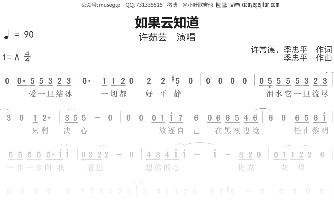许茹芸《如果云知道》简谱A调简单音独奏谱