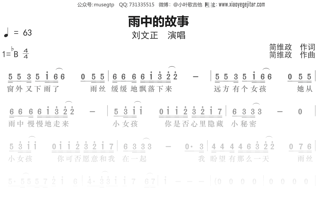刘文正《雨中的故事》简谱Bb调简单音独奏谱