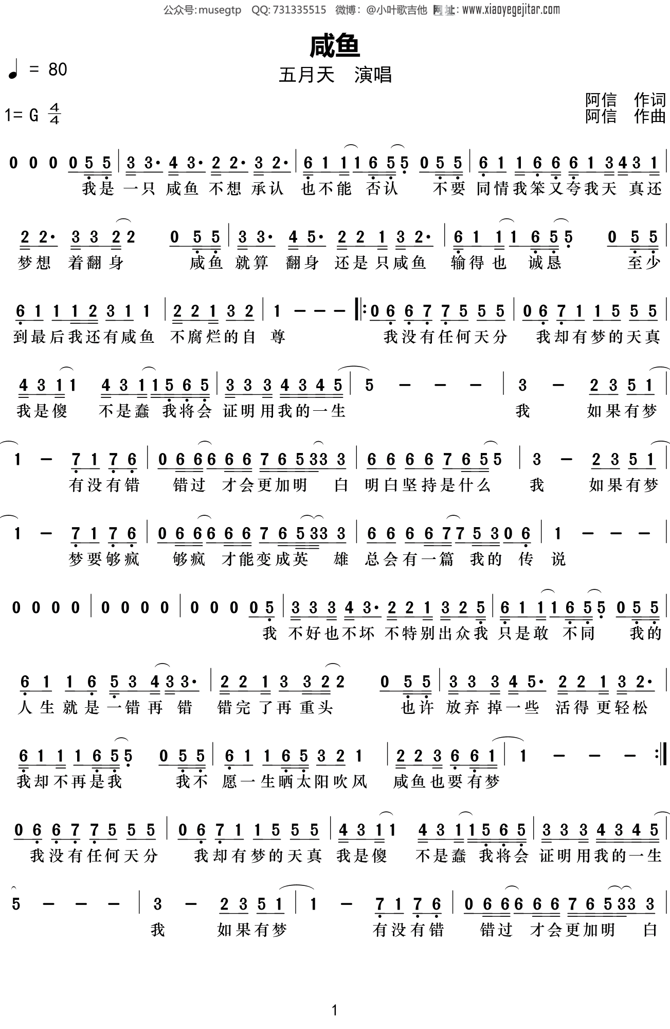 咸鱼吉他谱_五月天_G调弹唱63%专辑版 - 吉他世界
