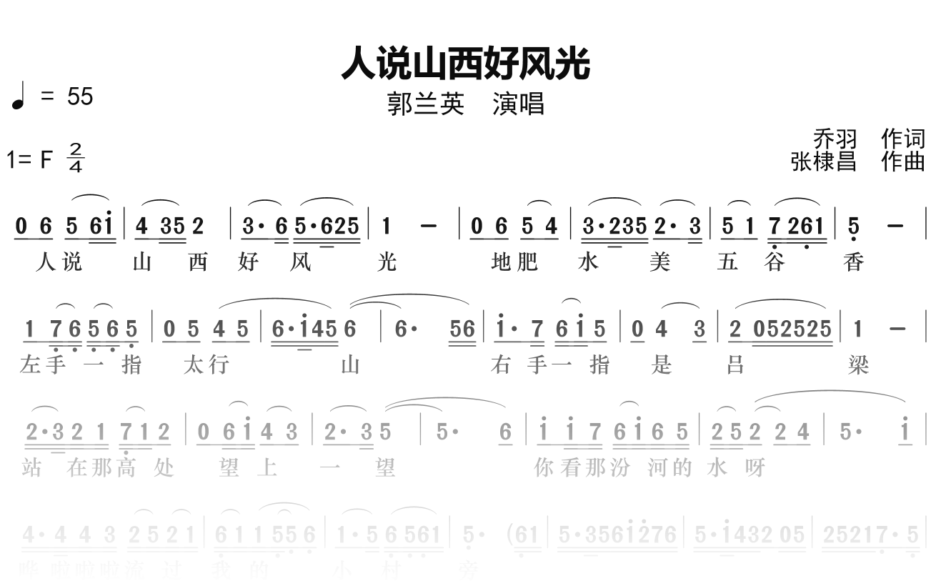 郭兰英《人说山西好风光》简谱F调钢琴单音独奏谱