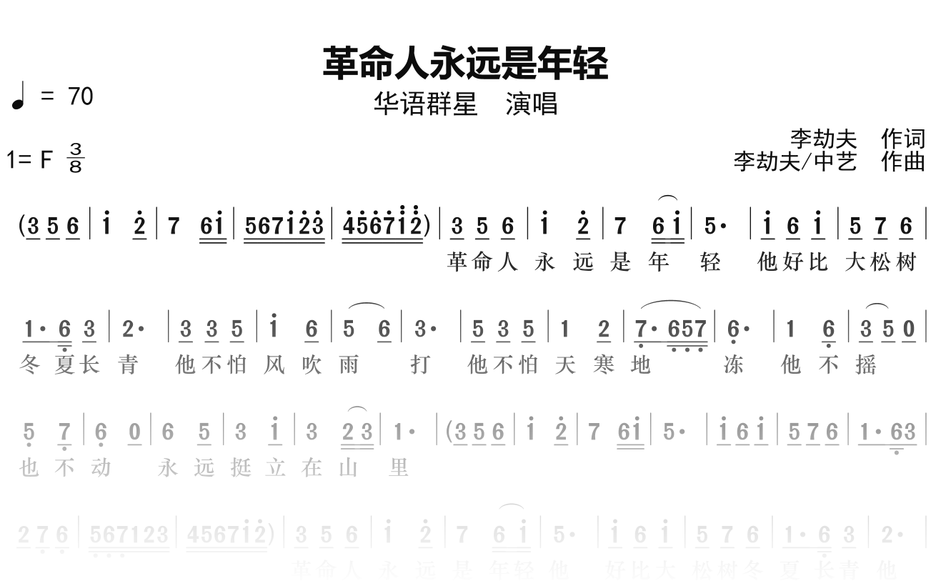 华语群星《革命人永远是年轻》简谱F调钢琴单音独奏谱