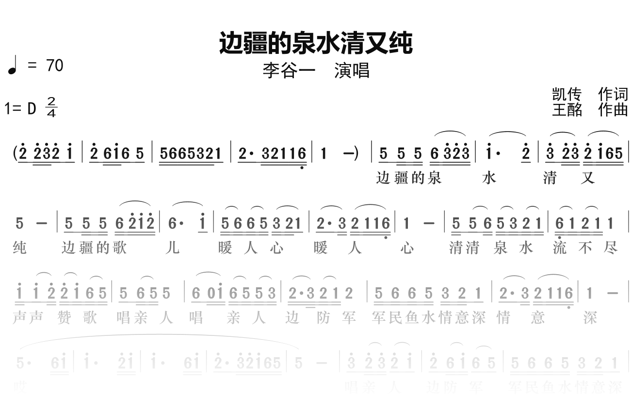 李谷一《边疆的泉水清又纯》简谱D调钢琴单音独奏谱