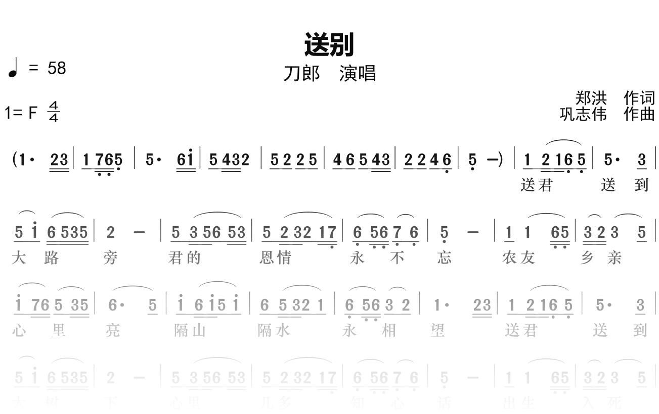 刀郎《送别》简谱F调钢琴单音独奏谱