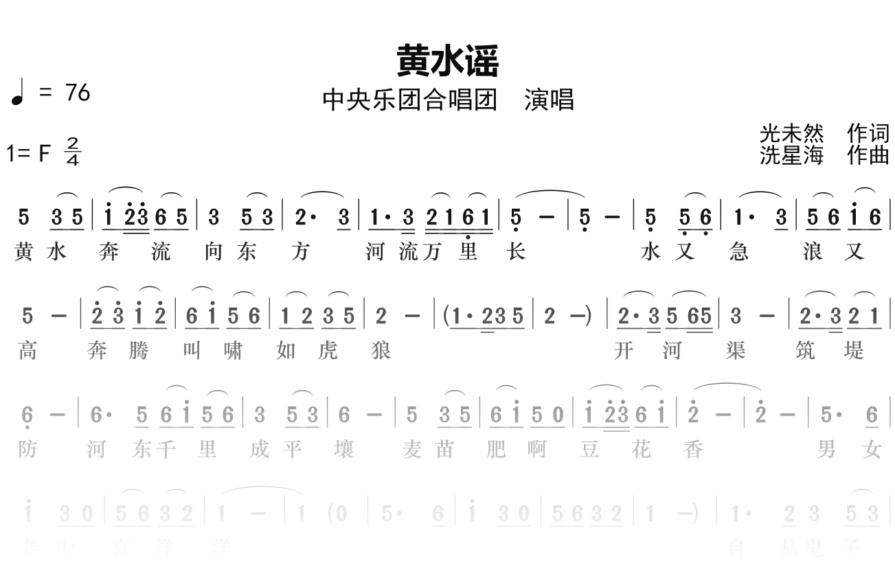 中央乐团合唱团《黄水谣》简谱F调钢琴单音独奏谱