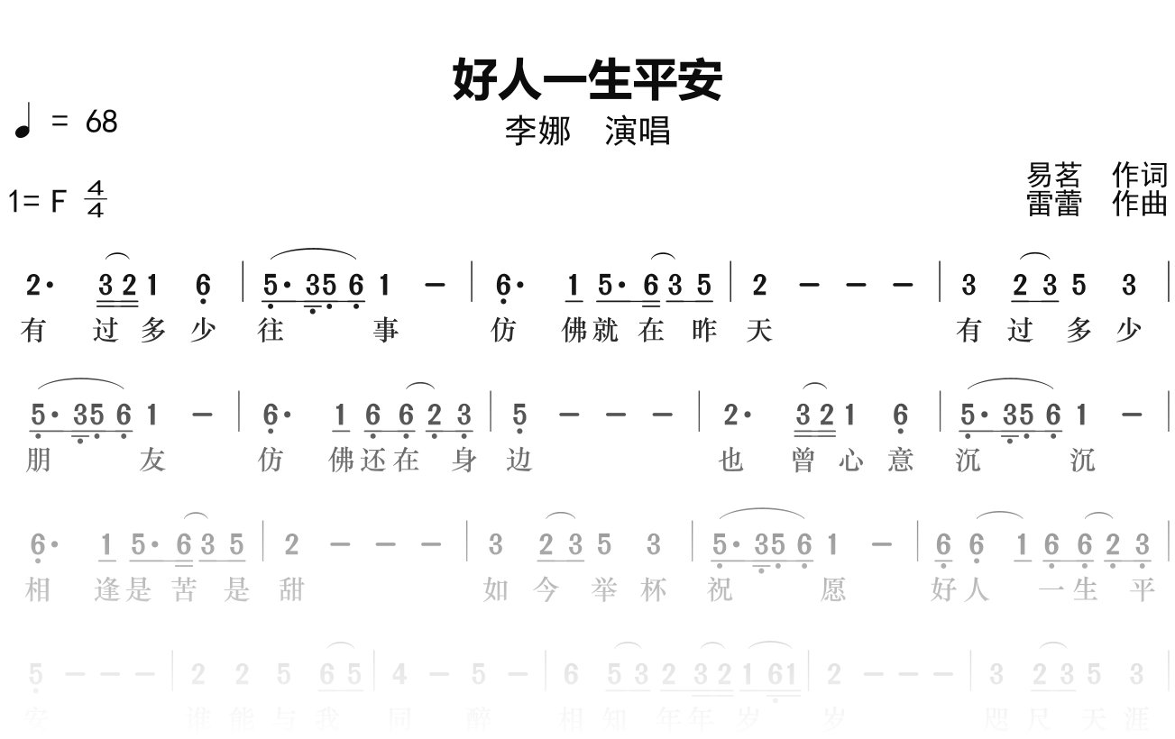 李娜《好人一生平安》简谱F调钢琴单音独奏谱