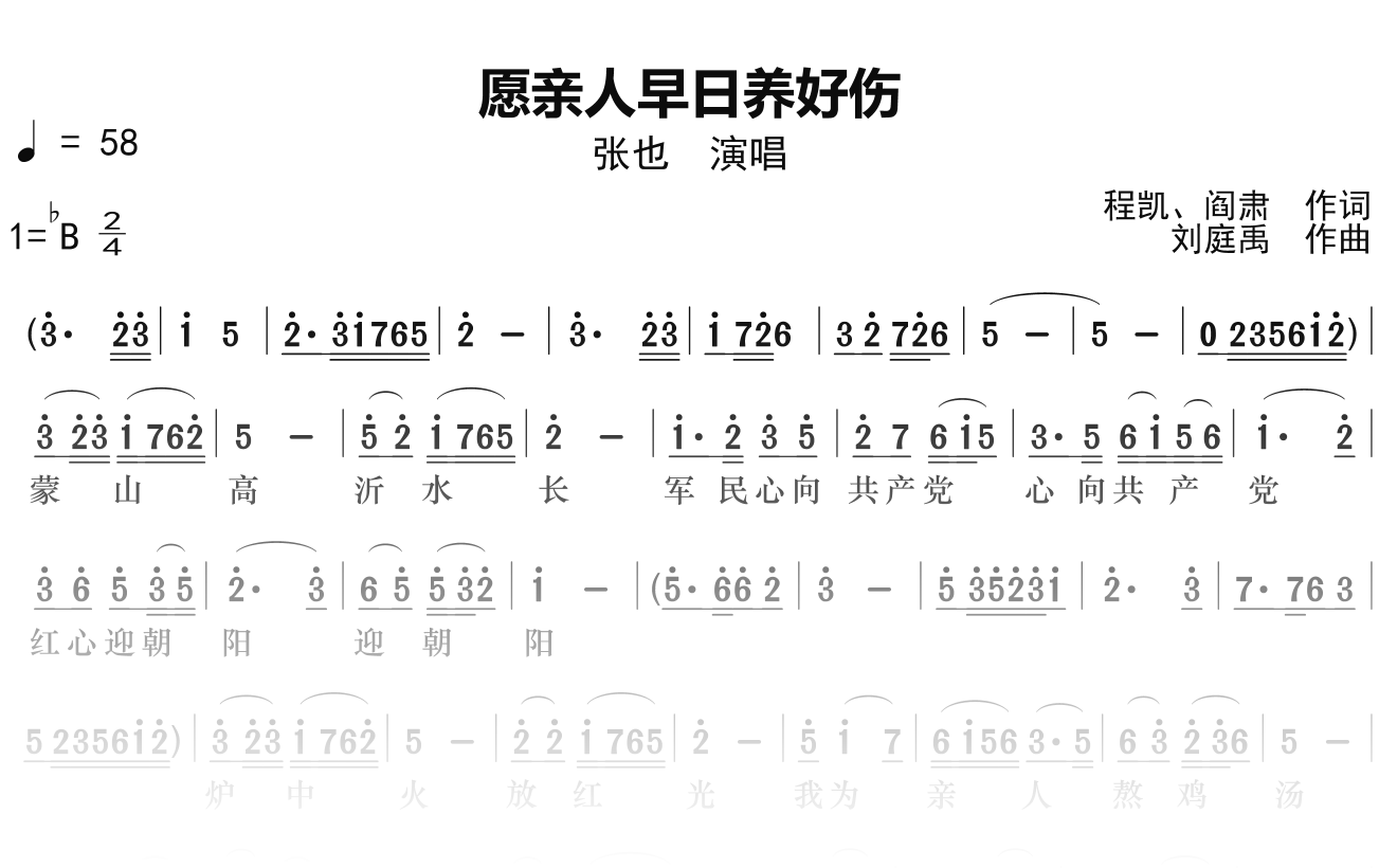 张也《愿亲人早日养好伤》简谱Bb调钢琴单音独奏谱
