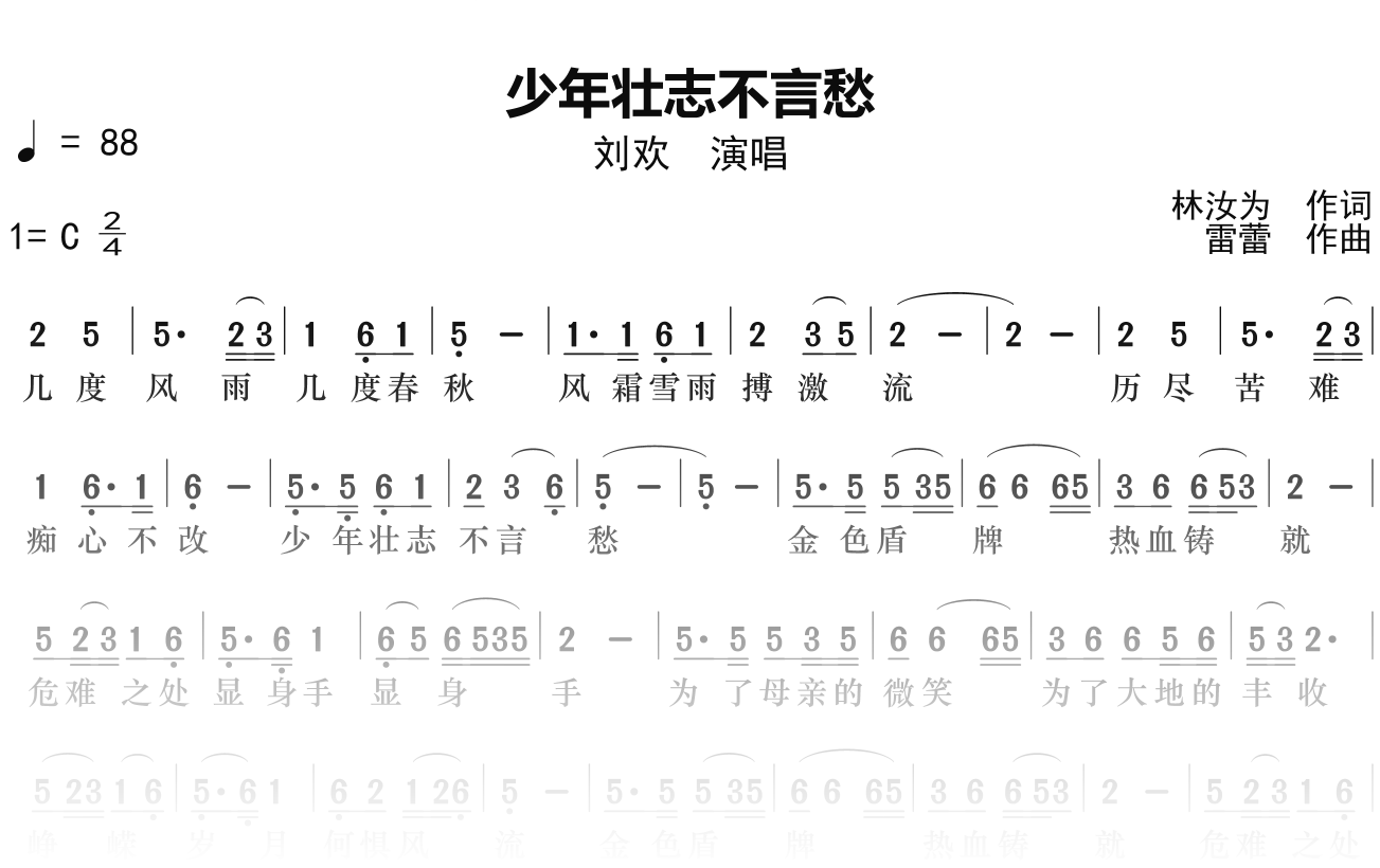 刘欢《少年壮志不言愁》简谱C调钢琴单音独奏谱