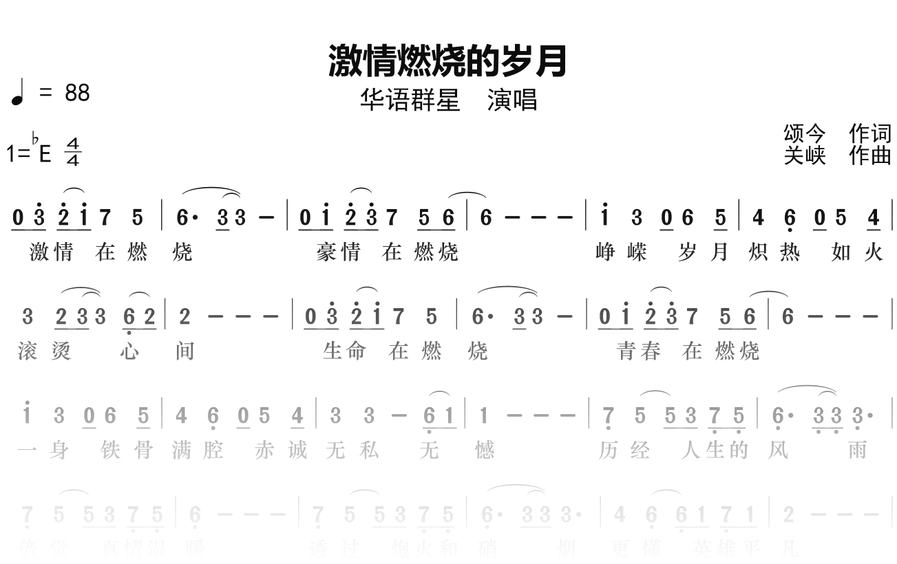 华语群星《激情燃烧的岁月》简谱Eb调钢琴单音独奏谱