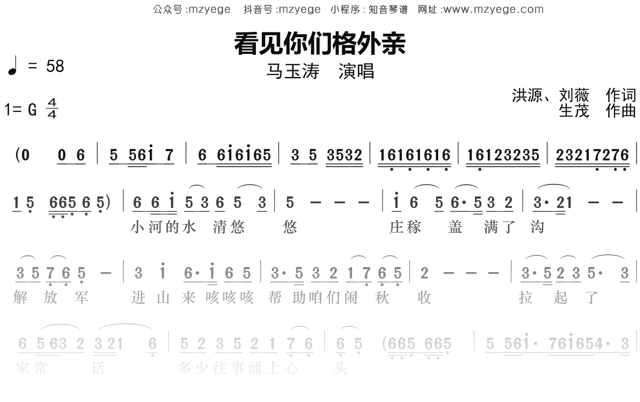 马玉涛《看见你们格外亲》简谱G调钢琴指弹独奏谱