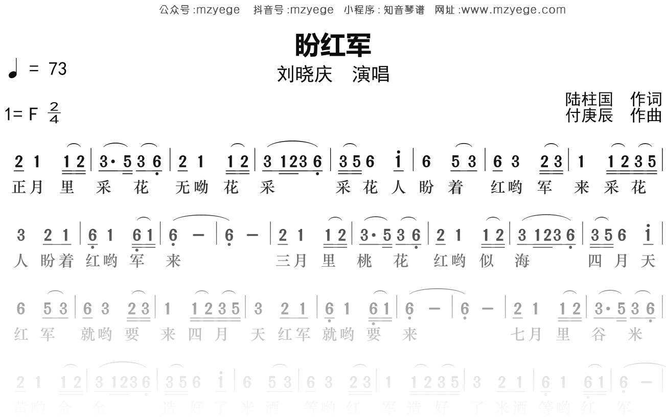 刘晓庆《盼红军》简谱F调钢琴指弹独奏谱