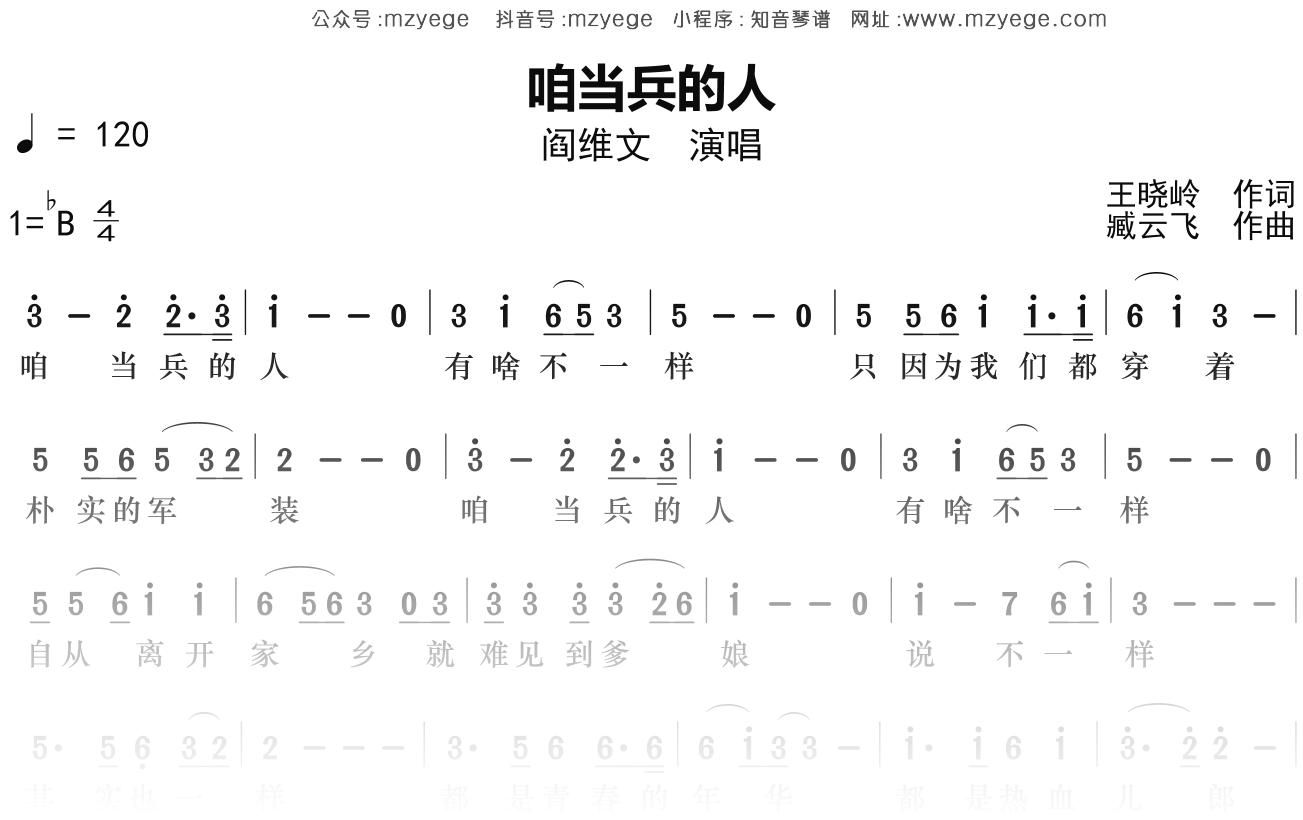 阎维文《咱当兵的人》简谱Bb调钢琴指弹独奏谱
