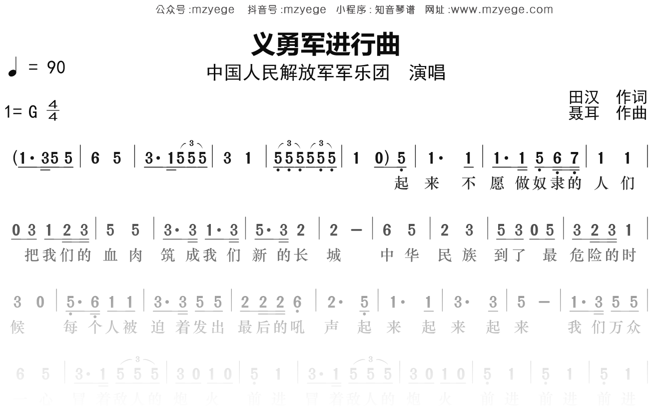 中国人民解放军军乐团《义勇军进行曲》简谱G调钢琴指弹独奏谱