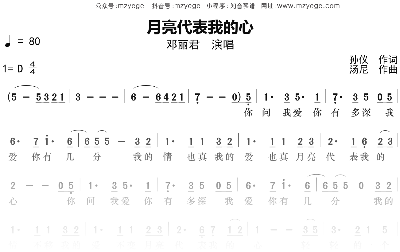 邓丽君《月亮代表我的心》简谱D调钢琴指弹独奏谱