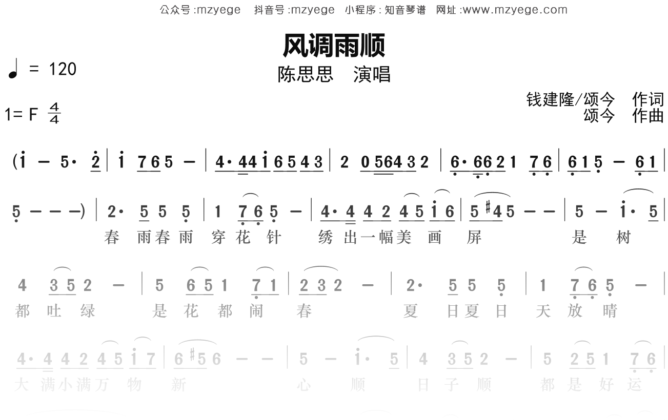 陈思思《风调雨顺》简谱F调钢琴指弹独奏谱