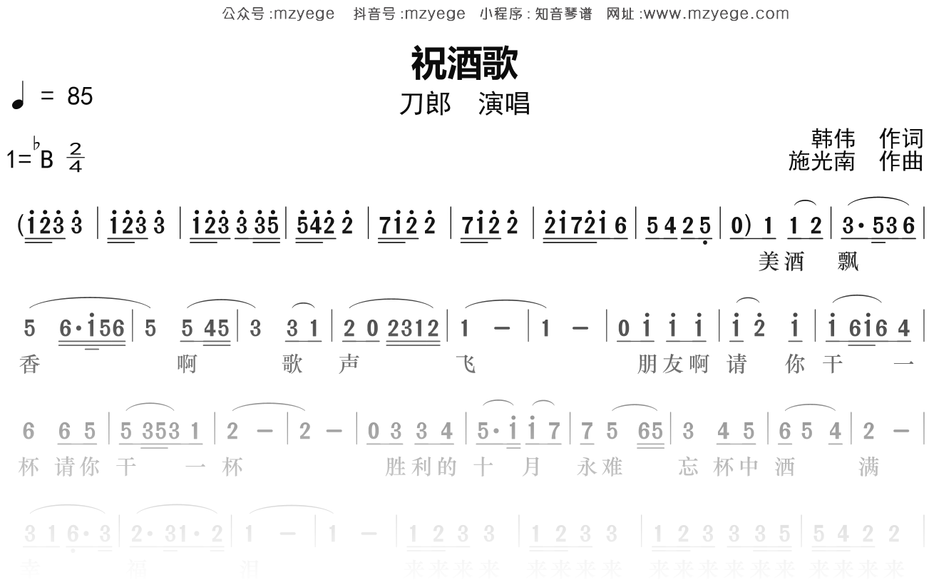 刀郎《祝酒歌》简谱Bb调钢琴指弹独奏谱