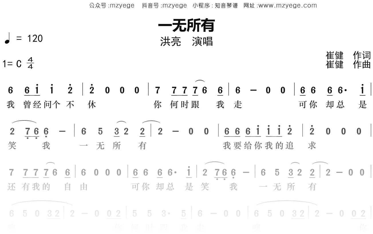 崔健《一无所有》简谱Eb调钢琴指弹独奏谱