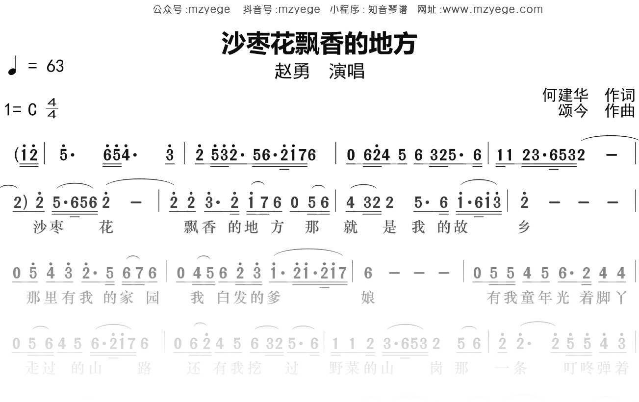 赵勇《沙枣花飘香的地方》简谱C调钢琴指弹独奏谱