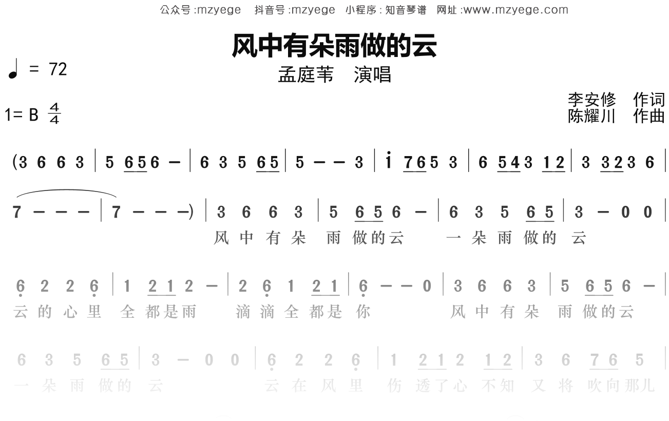 孟庭苇《风中有朵雨做的云》简谱B调钢琴指弹独奏谱