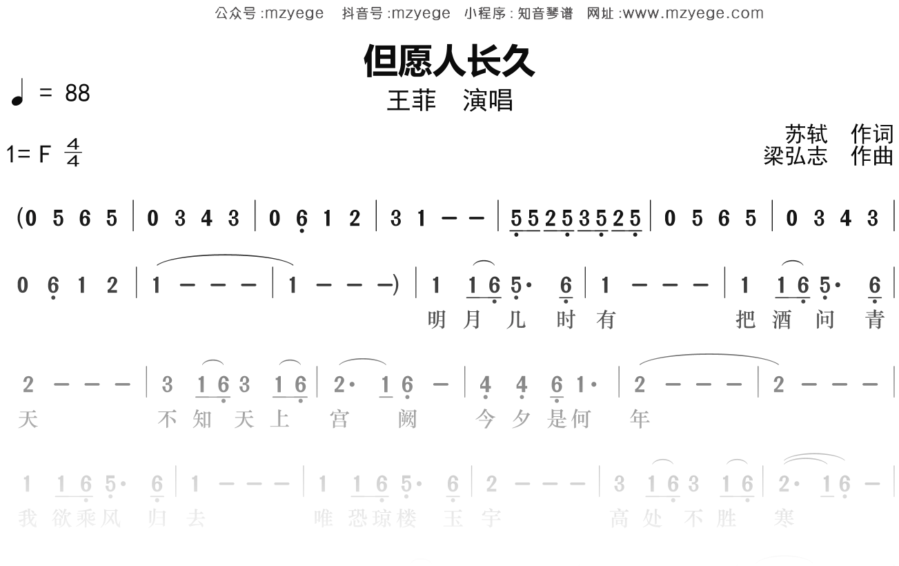 王菲《但愿人长久》简谱F调钢琴指弹独奏谱
