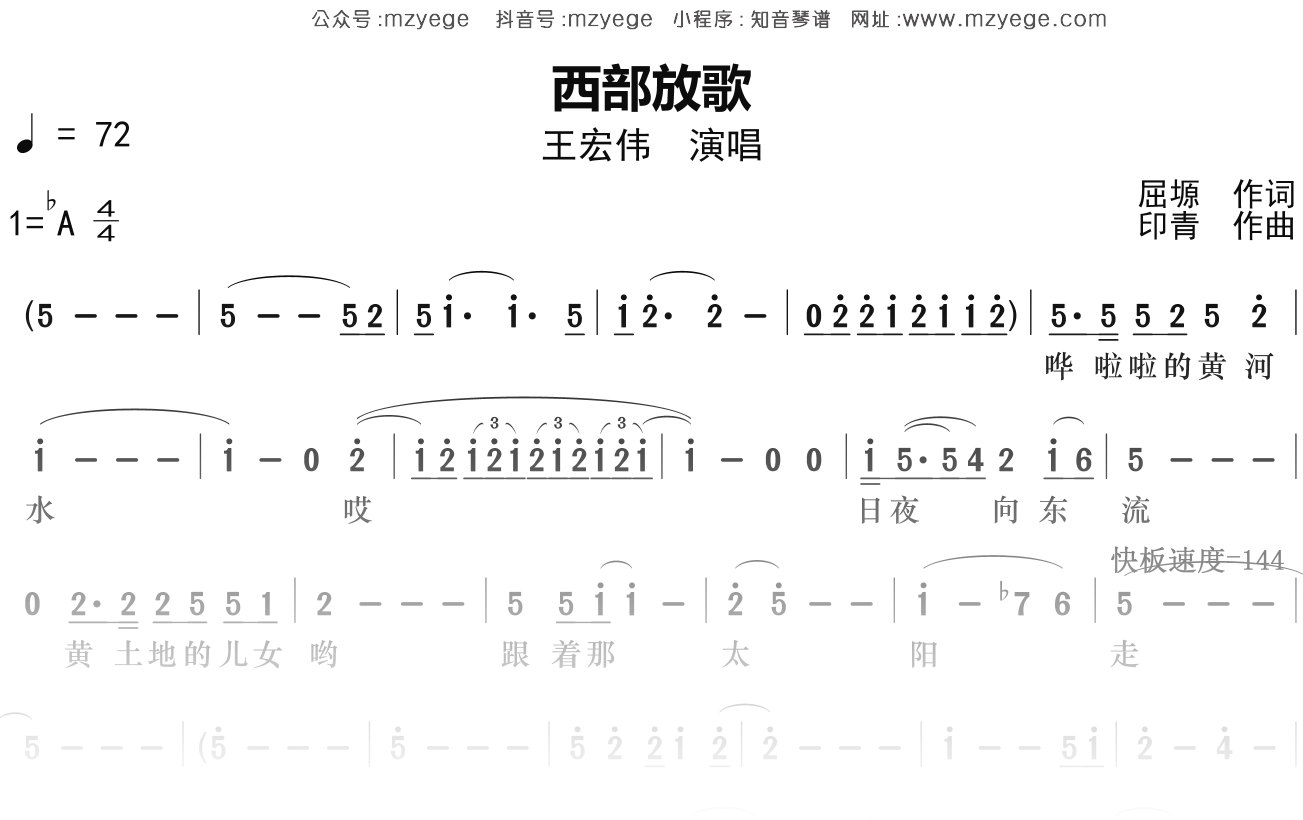 王宏伟《西部放歌》简谱Ab调钢琴指弹独奏谱