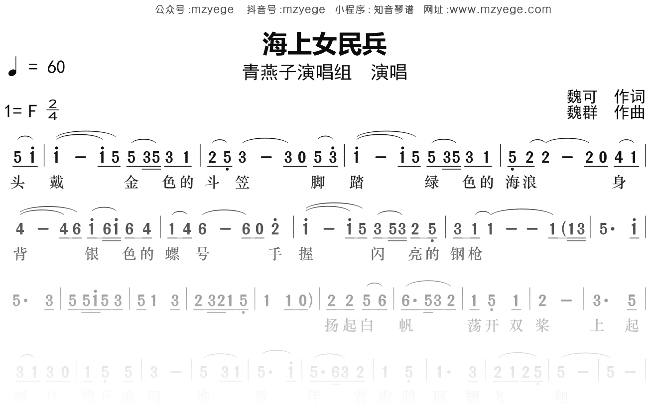 青燕子演唱组《海上女民兵》简谱F调钢琴指弹独奏谱