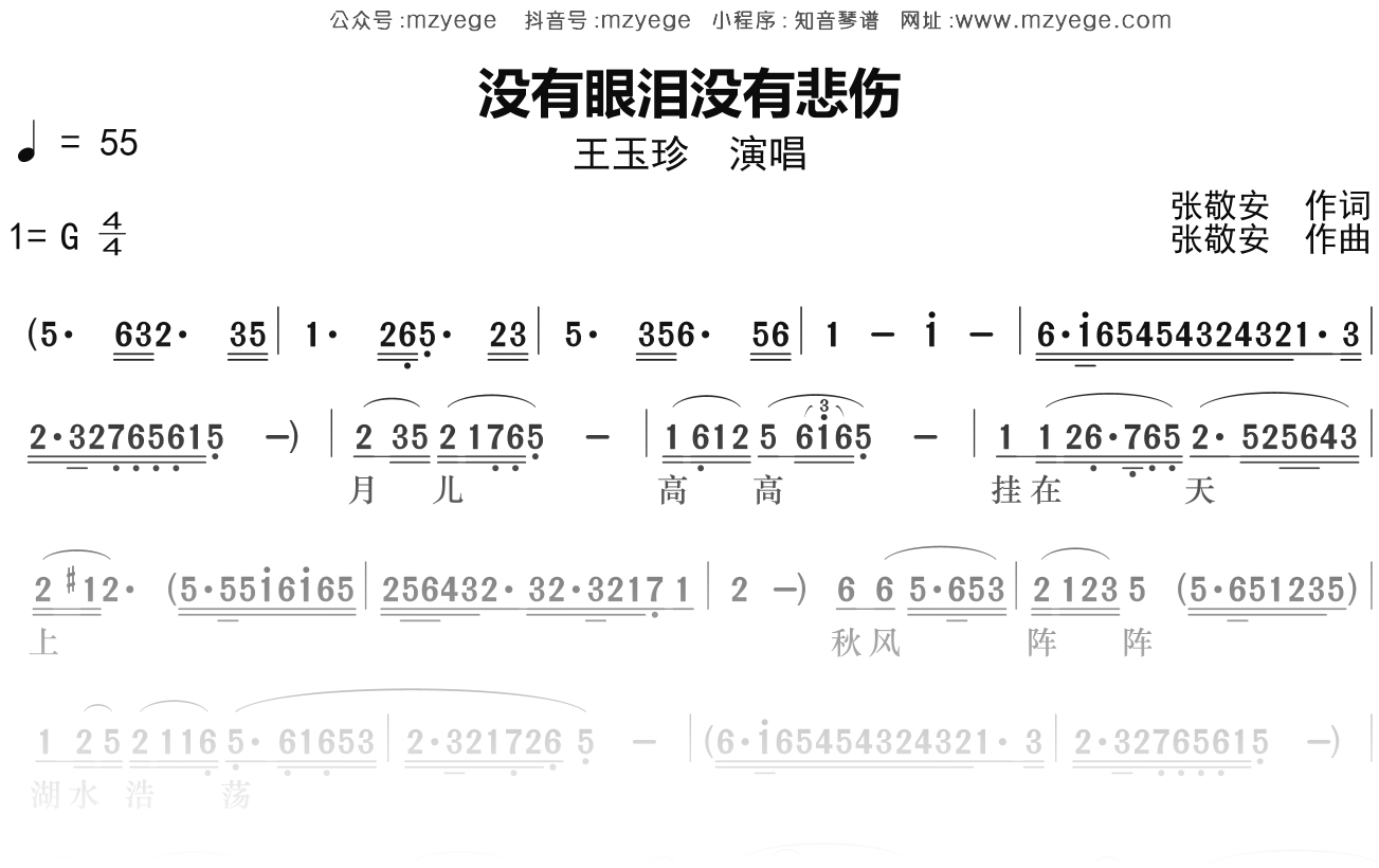 王玉珍《没有眼泪没有悲伤》简谱G调钢琴指弹独奏谱