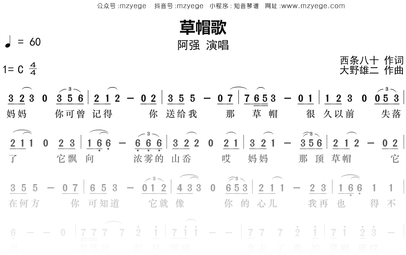 阿强《草帽歌》简谱G调钢琴指弹独奏谱