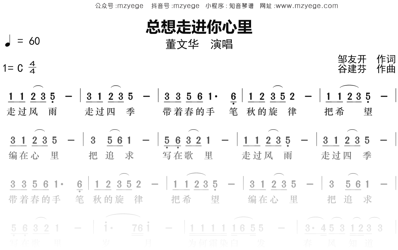 董文华《总想走进你心里》简谱F调钢琴指弹独奏谱