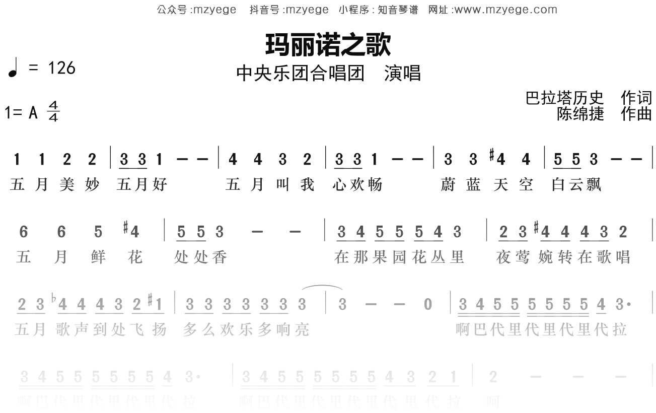 中央乐团合唱团《玛丽诺之歌》简谱A调钢琴指弹独奏谱
