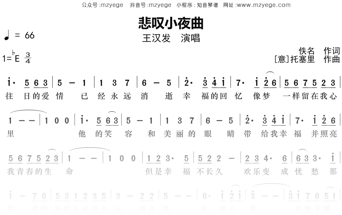 王汉发《悲叹小夜曲》简谱Eb调钢琴指弹独奏谱