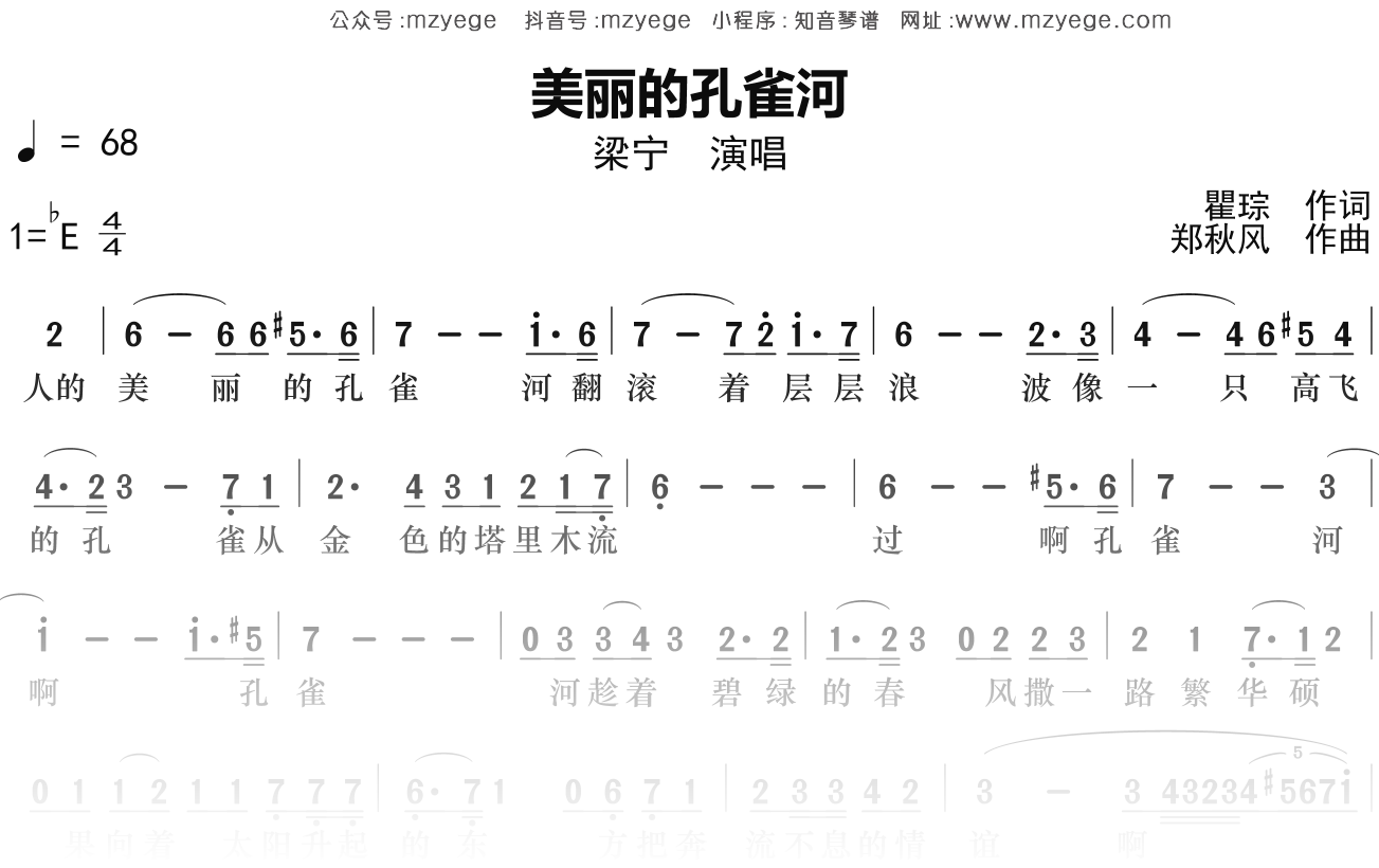 梁宁《美丽的孔雀河》简谱Eb调钢琴指弹独奏谱