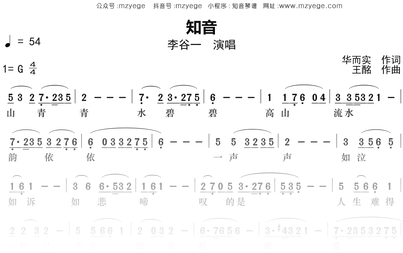 李谷一《知音》简谱G调钢琴指弹独奏谱
