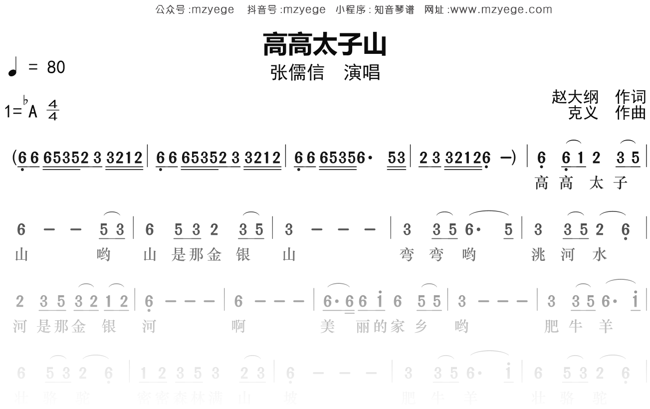 张儒信《高高太子山》简谱Ab调钢琴指弹独奏谱
