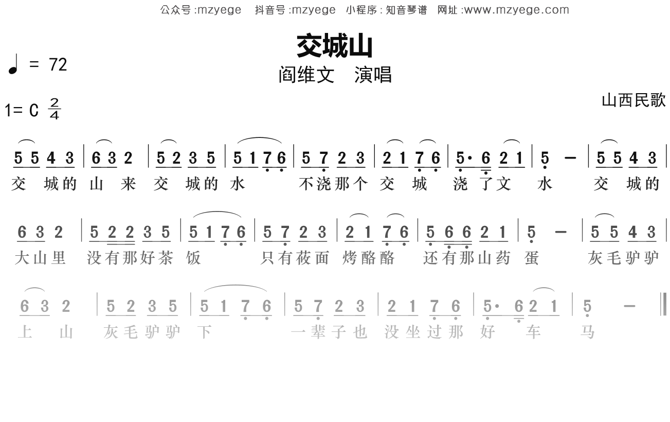 阎维文《交城山》简谱F调钢琴指弹独奏谱