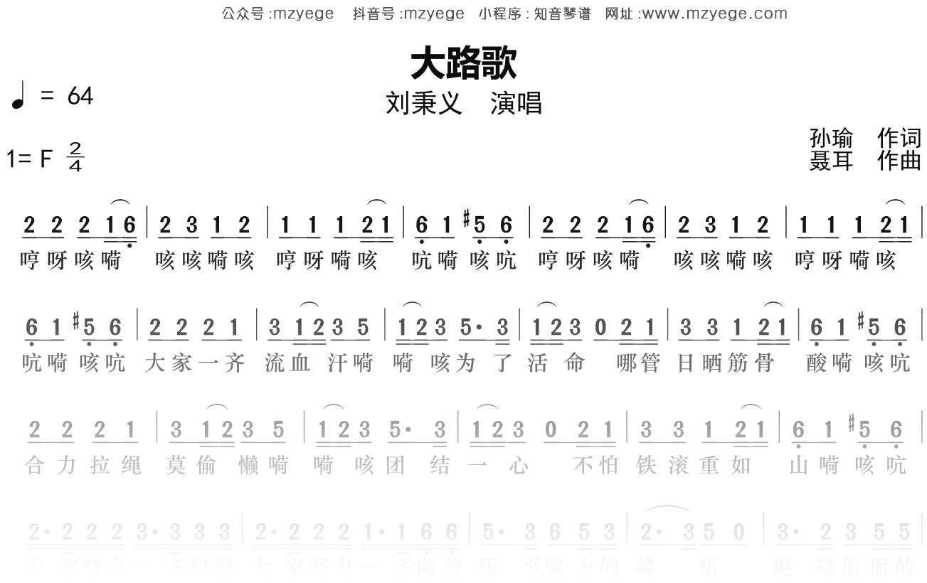 刘秉义《大路歌》简谱F调钢琴指弹独奏谱
