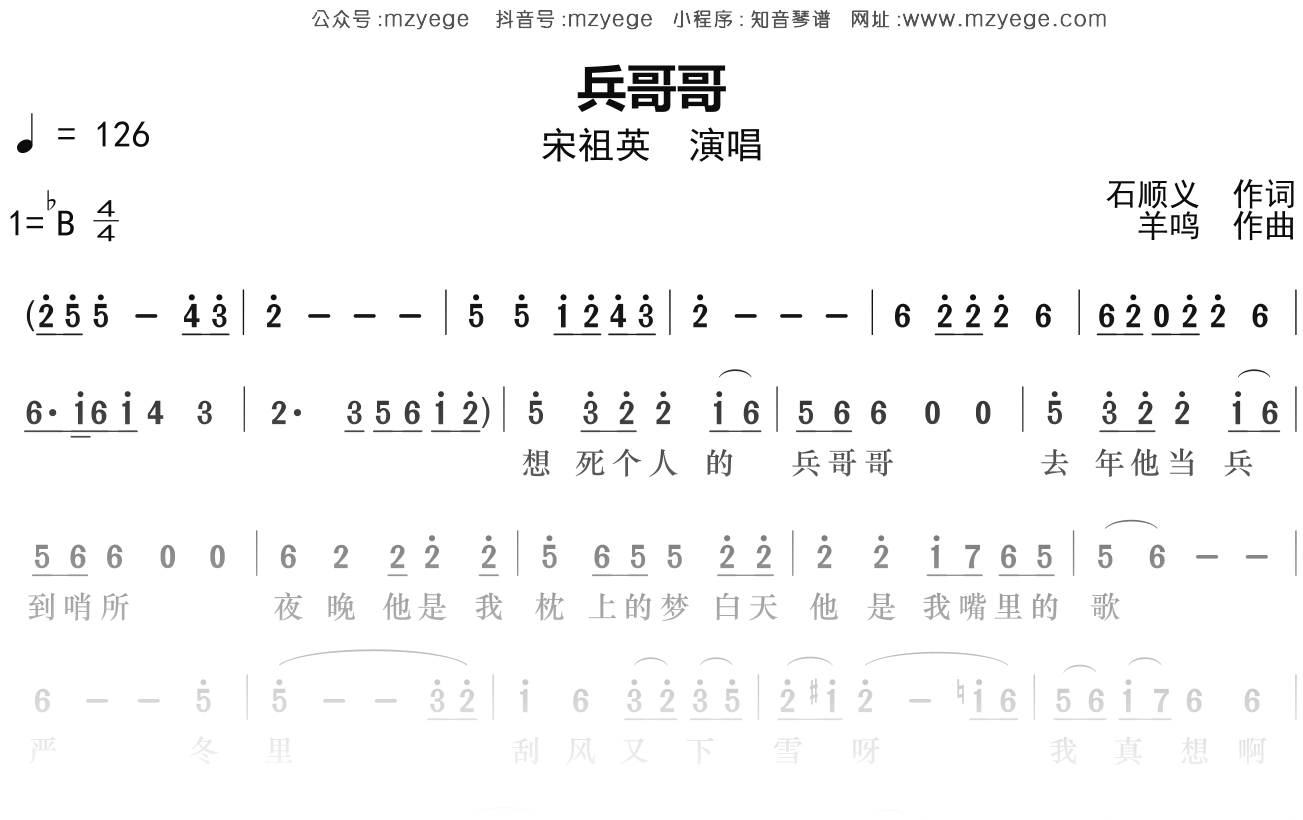 宋祖英《兵哥哥》简谱Bb调钢琴指弹独奏谱