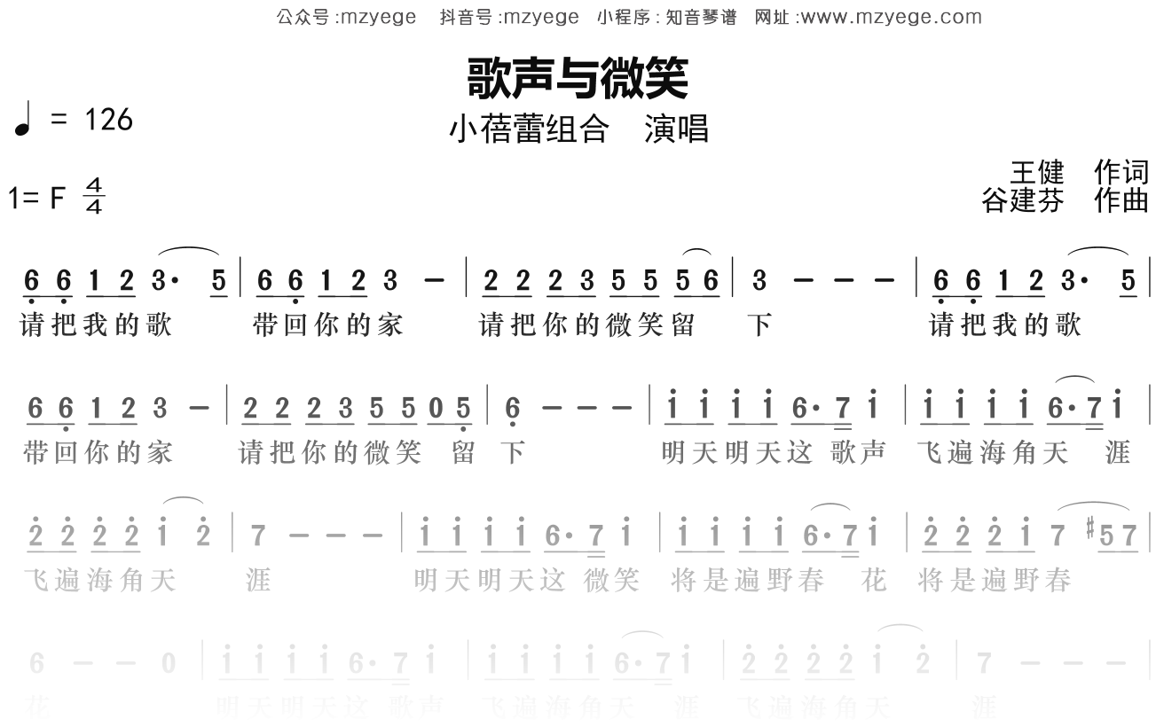小蓓蕾组合《歌声与微笑》简谱F调钢琴指弹独奏谱