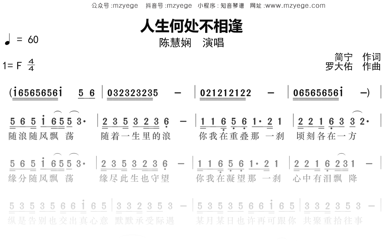 陈慧娴《人生何处不相逢》简谱F调钢琴指弹独奏谱