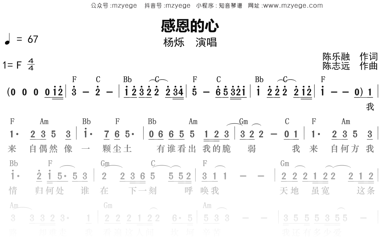 杨烁《感恩的心》简谱F调钢琴弹唱谱