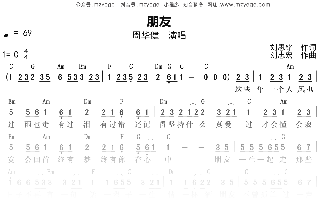 周华健《朋友》简谱C调钢琴弹唱谱