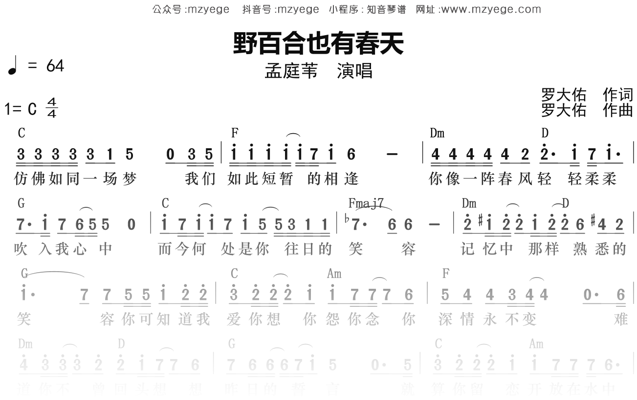 孟庭苇《野百合也有春天》简谱C调钢琴弹唱谱