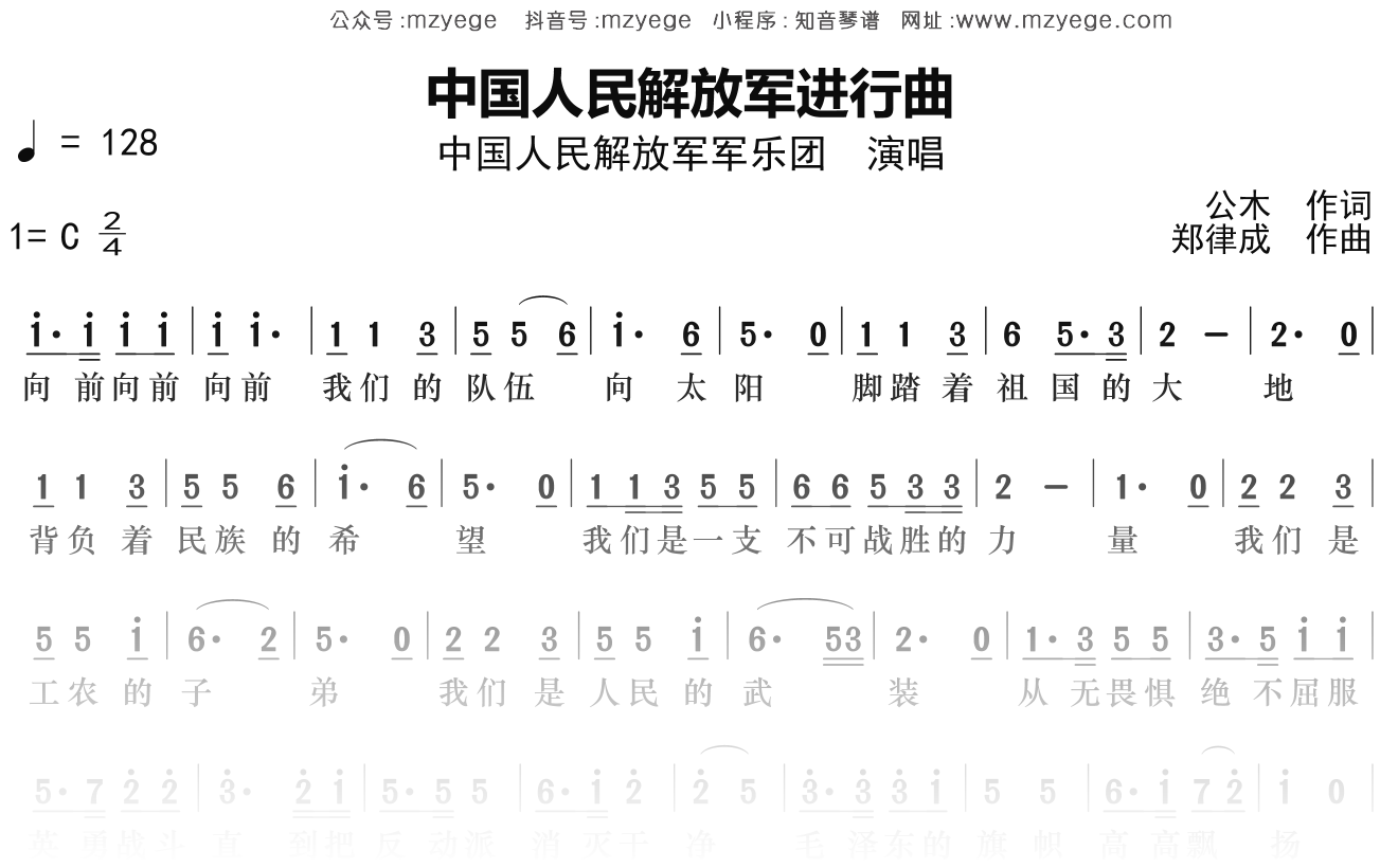 中国人民解放军军乐团《中国人民解放军进行曲》简谱C调钢琴指弹独奏谱