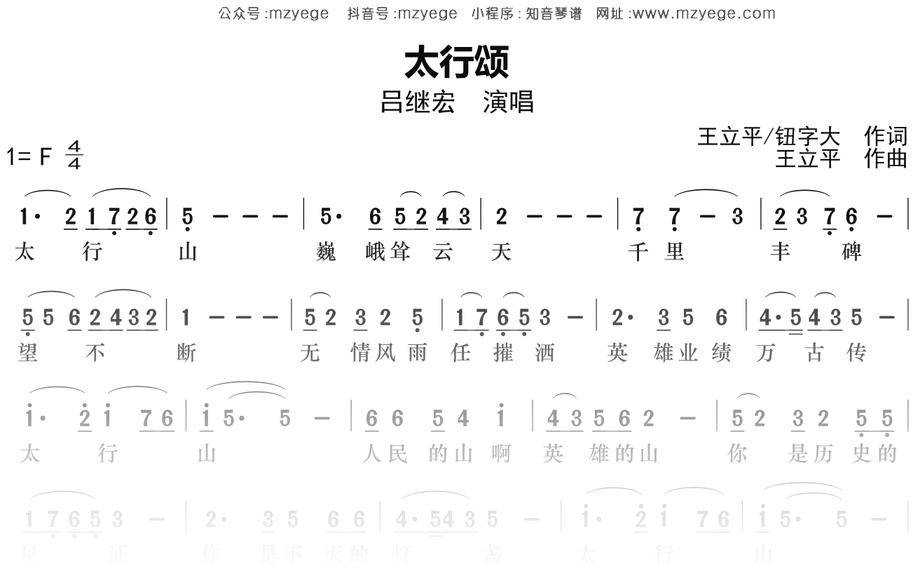 吕继宏《太行颂》简谱F调钢琴指弹独奏谱