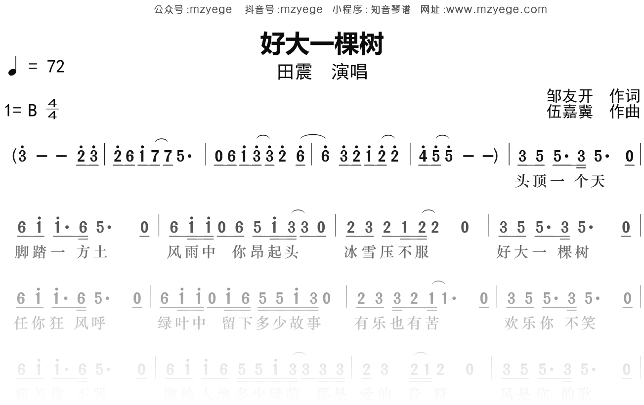 田震《好大一棵树》简谱B调钢琴指弹独奏谱
