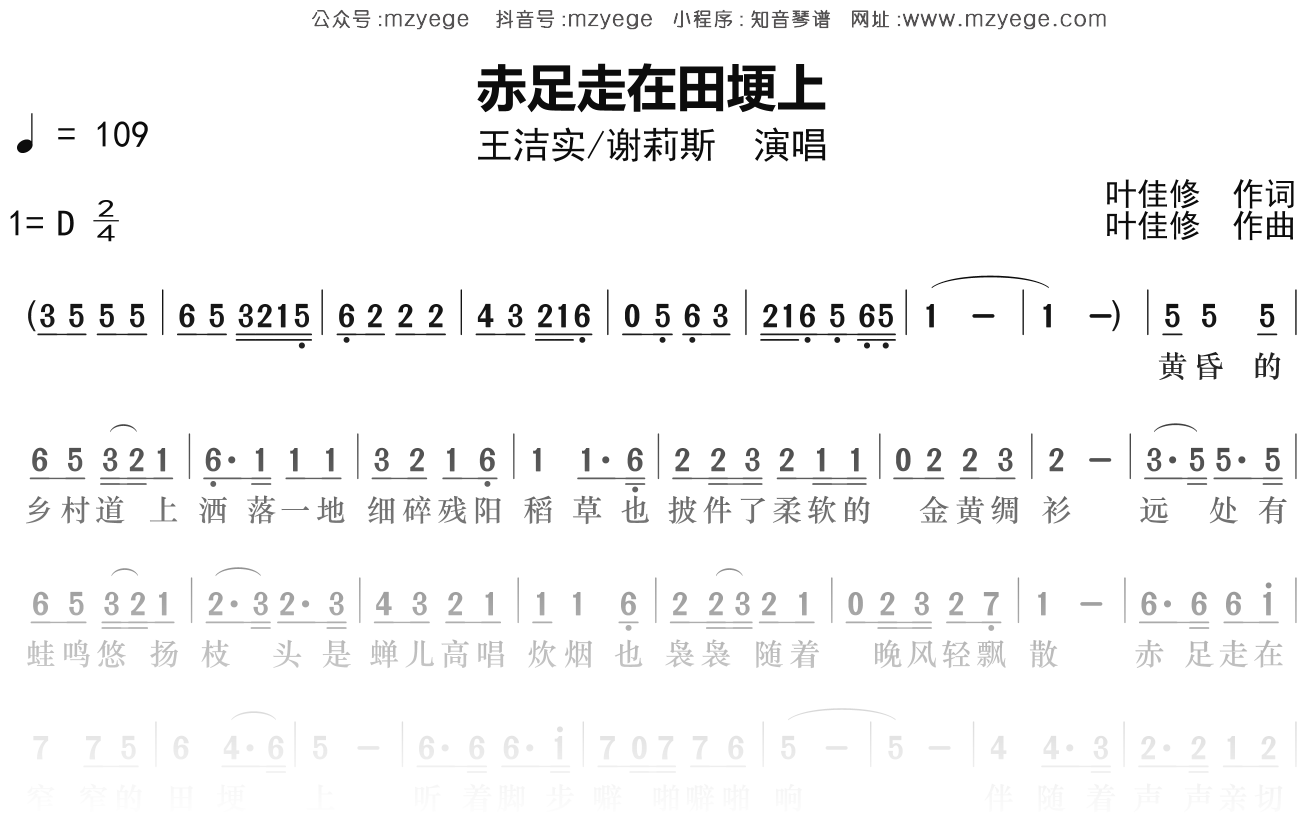 王洁实《赤足走在田埂上》简谱D调钢琴指弹独奏谱