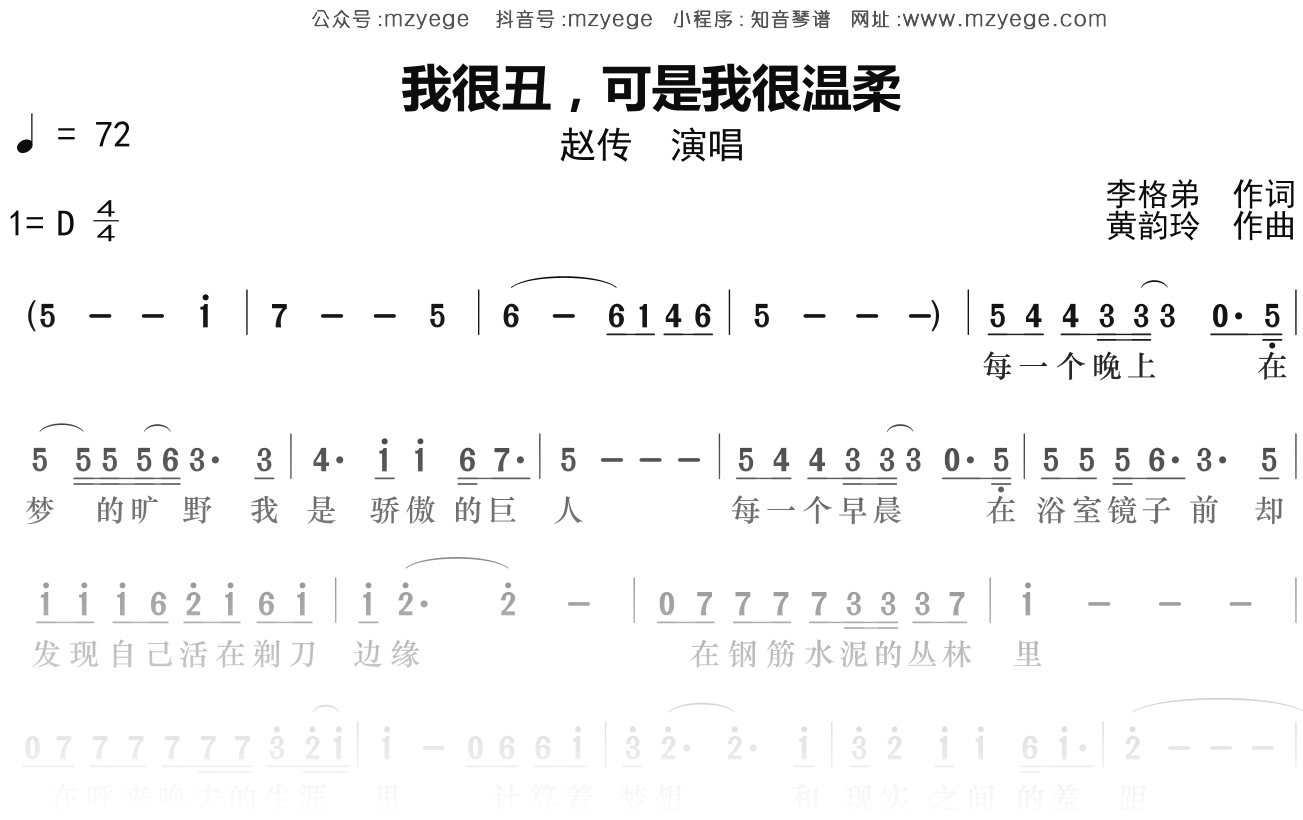 赵传《我很丑可是我很温柔》简谱D调钢琴指弹独奏谱