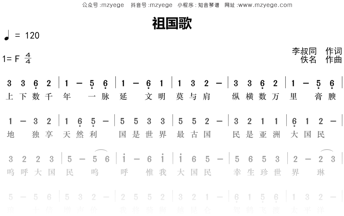 华语群星《祖国歌》简谱F调钢琴指弹独奏谱