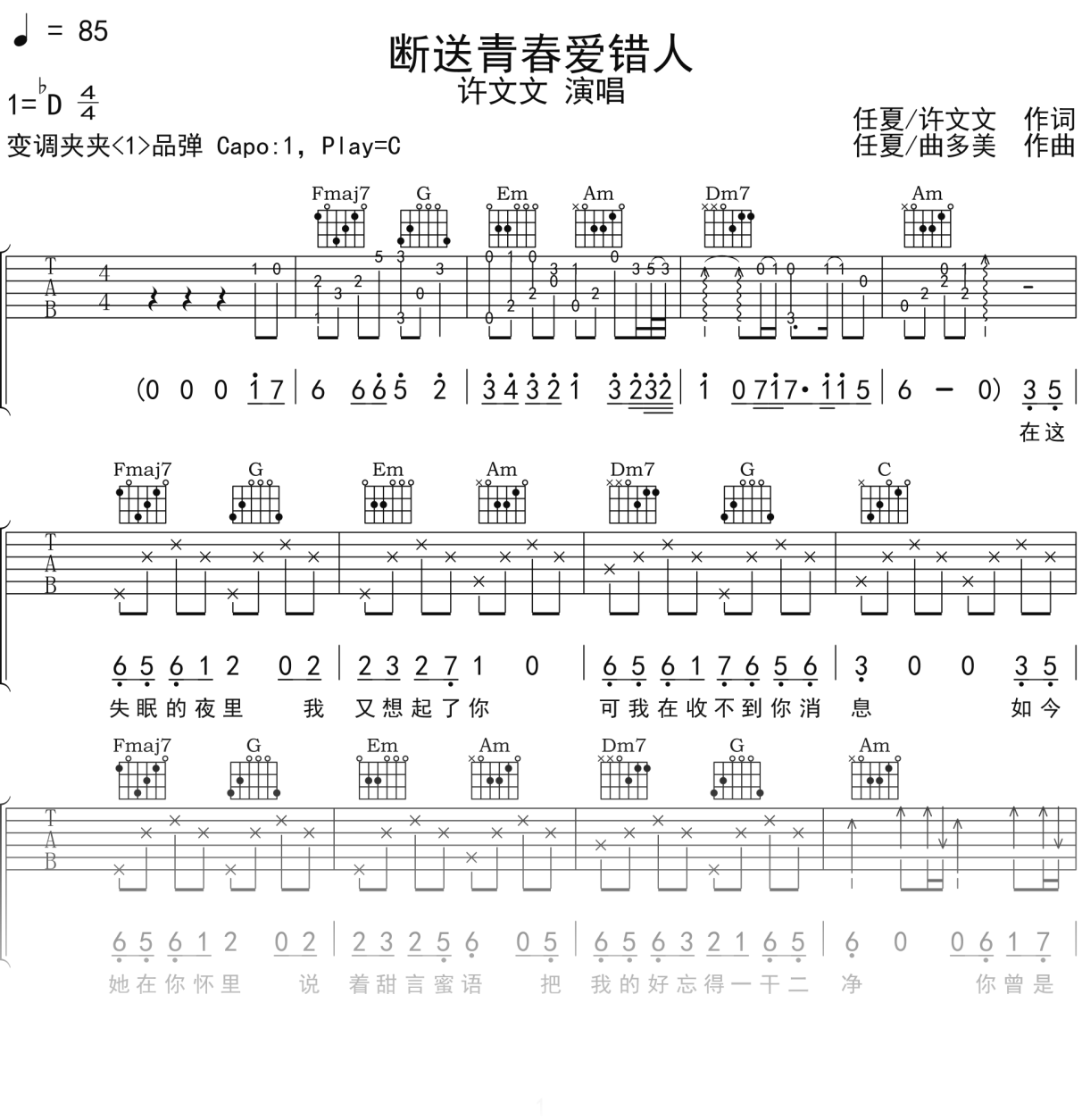 许文文《断送青春爱错人》吉他谱C调吉他弹唱谱