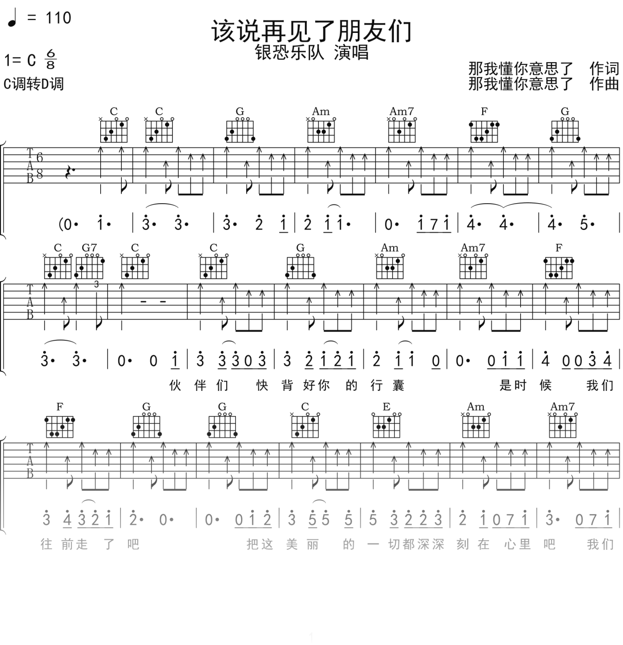银恐乐队《该说再见了朋友们》吉他谱C调吉他弹唱谱