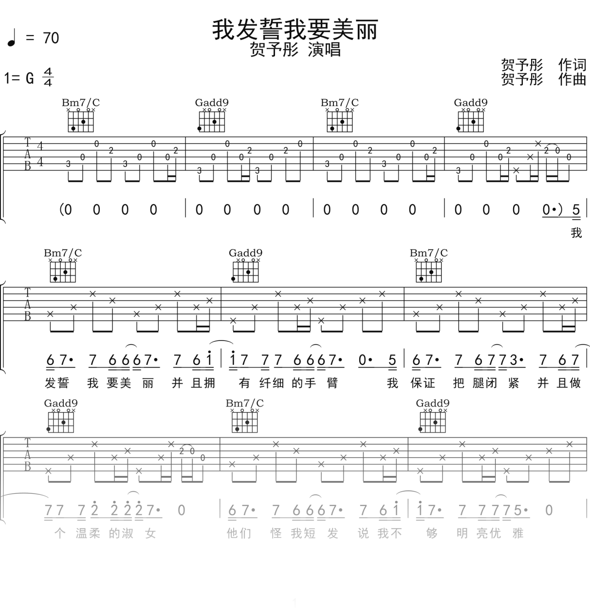 贺予彤《我发誓我要美丽》吉他谱G调吉他弹唱谱